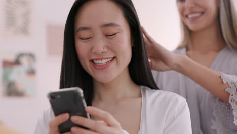 wedding, phone and brushing hair with a bride