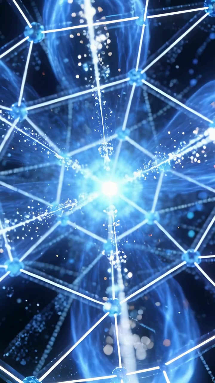 Video verticale: Nucleo centrale che si intensifica alimentando una griglia luminosa che emette flussi di particelle nel vuoto.