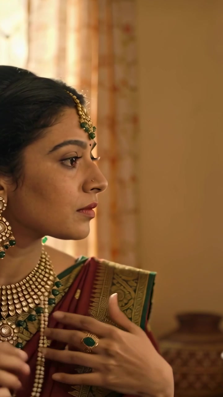 Video verticale: Donna che si porta la mano all'orecchio, sistema un jhumka e il sari davanti a una toeletta per un matrimonio.