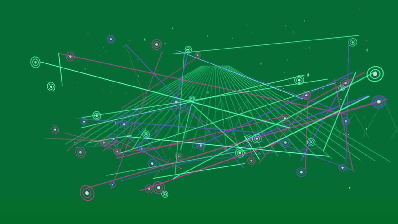 Teal wireframe being animated by neon lines appearing, forming dense lattice on transparent plane
