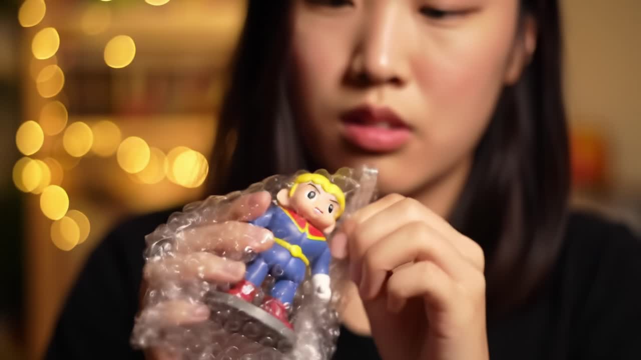 Unwrapping a Beloved Toy: The Intriguing Moment of Revealing a Figure from Bubble Wrap, Captured in Two Frames of Anticipation and Focus