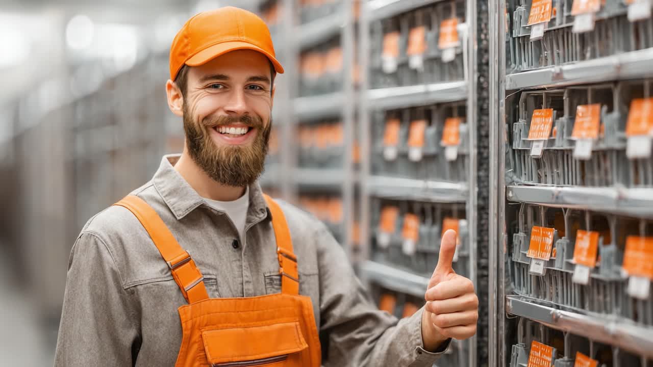 A confident worker displays a thumbs-up gesture in a well-organized storage space filled with labeled containers, showcasing a positive work environment and hands-on dedication