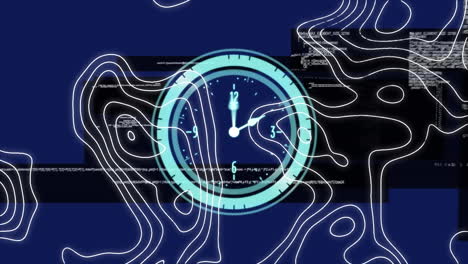 animation of clock moving fast and data processing with topographic map lines on blue background
