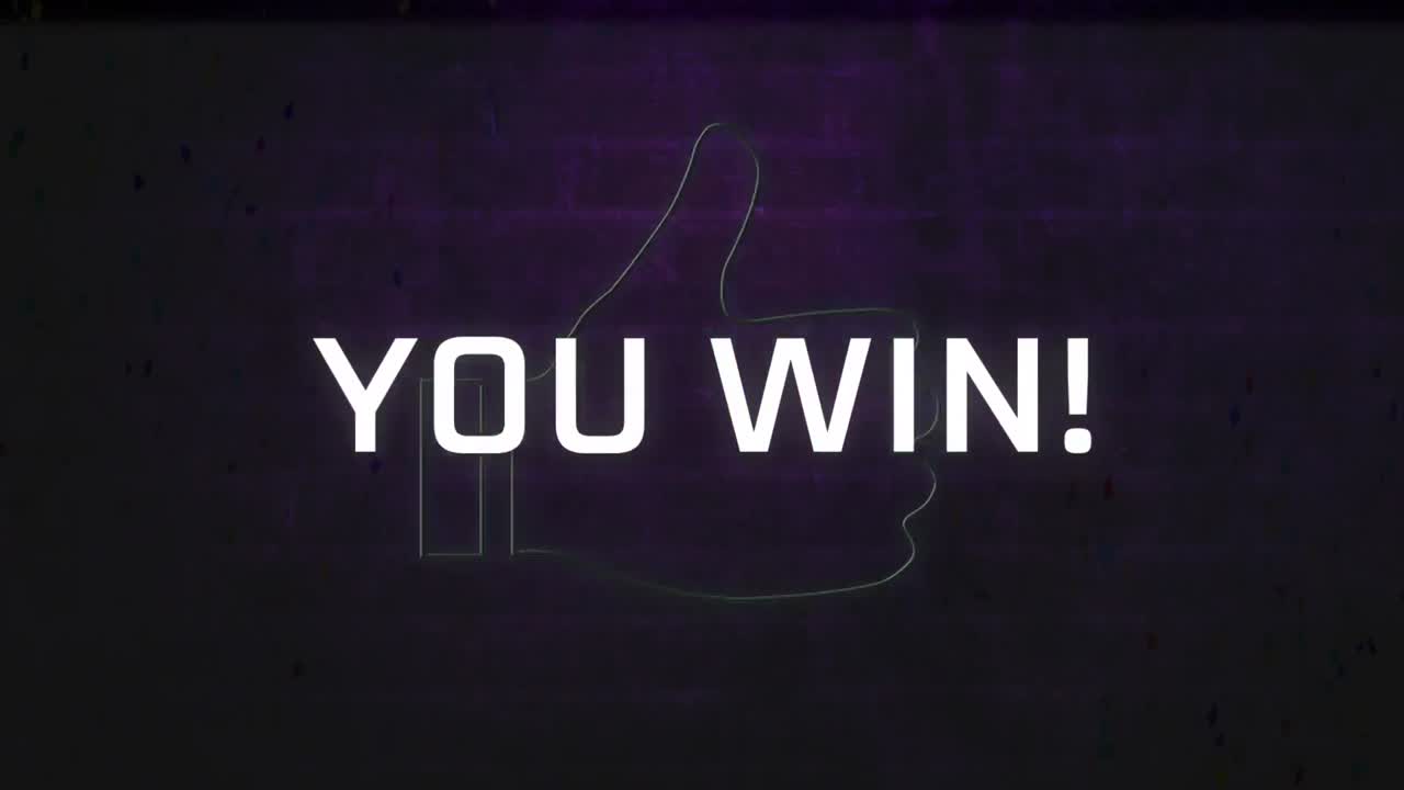 animación de efecto vhs sobre usted ganar texto pancarta y neón como icono contra el fondo de la pared de ladrillo