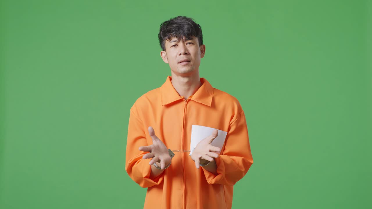 오렌지색 스웨터와 수갑을 입은 남자