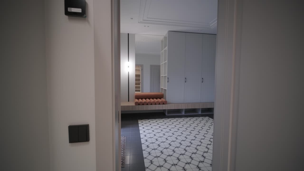 Dressing room with shelves. Modern wardrobe with bright dressing room