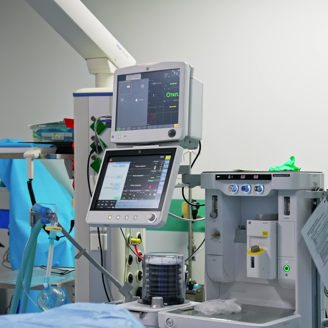 Advanced equipment working in the modern surgery room. Empty surgical room in present day hospital
