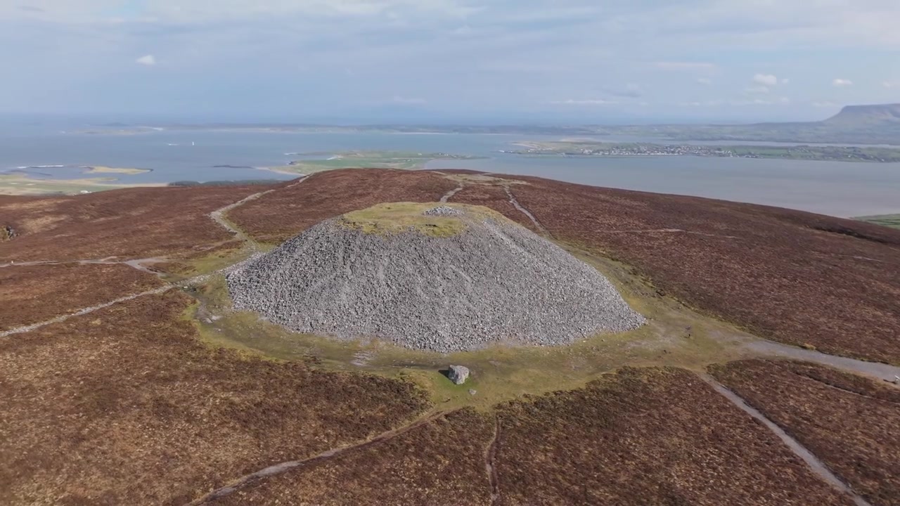 Scenic Drone View of Knocknarea Hill and Queen Medb's Tomb in Sligo Ireland.