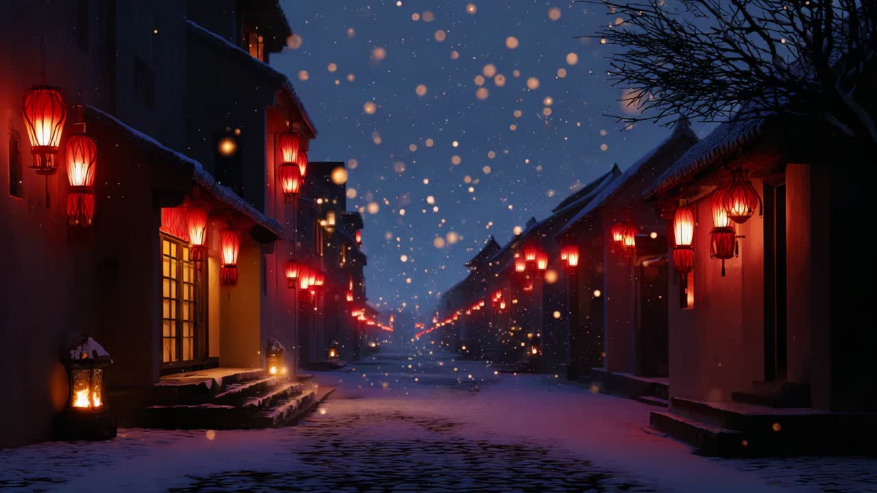 A serene winter night capturing a picturesque street lined with glowing red lanterns, surrounded by softly falling snow, creating a tranquil and enchanting atmosphere of the holiday season