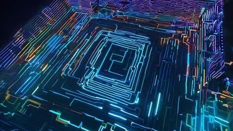 a glowing neon maze with bright colors and abstract patterns