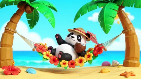 a relaxing day on the beach: a happy panda sipping from a coconut while lounging in a colorful hammock surrounded by tropical paradise