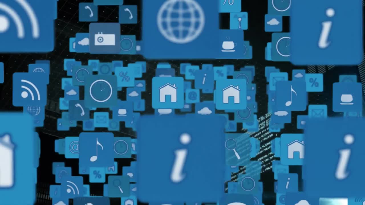 iconos en línea y de aplicaciones en cuadrados y una interfaz futurista con códigos de programa