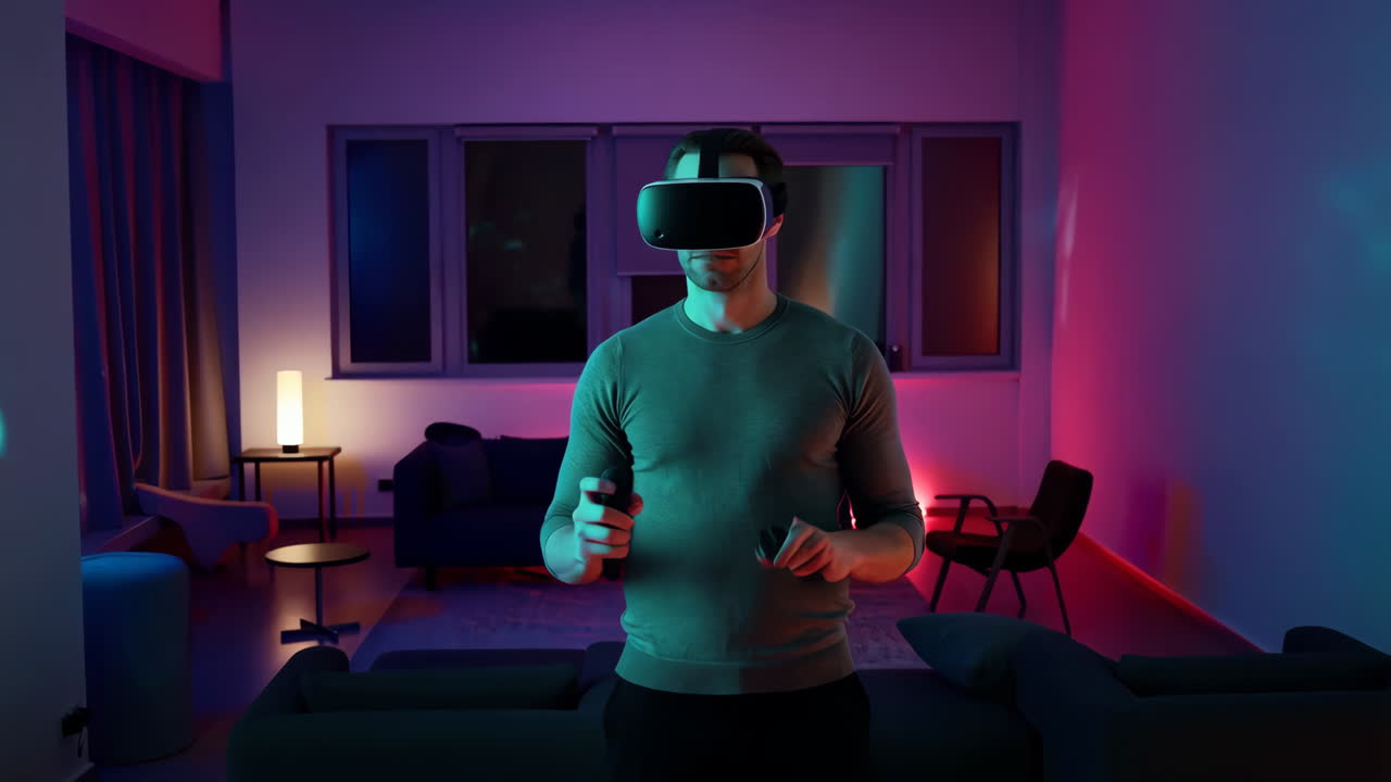 Man Playing Virtual Reality Game in a Modern Room with Neon Lighting