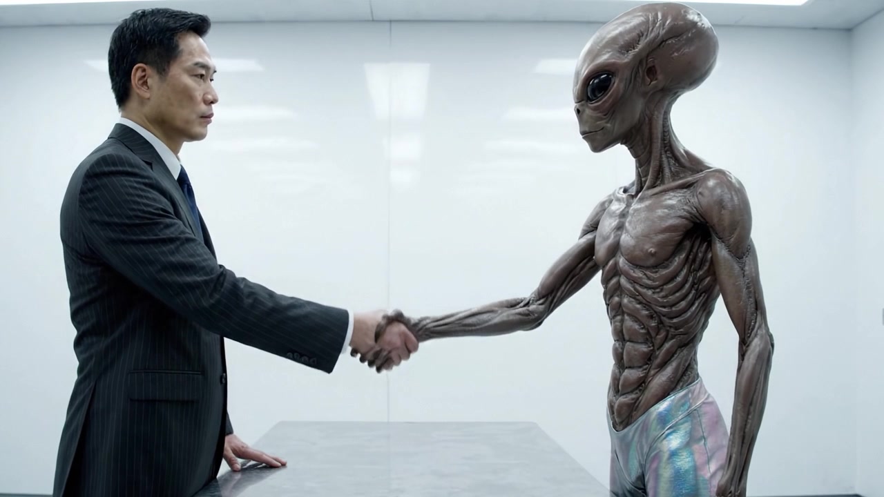 Um Confronto Intenso entre um Humano e um Ser Alienígena em uma Sala Minimalista, Explorando Temas de Comunicação e Compreensão entre Diferentes Espécies