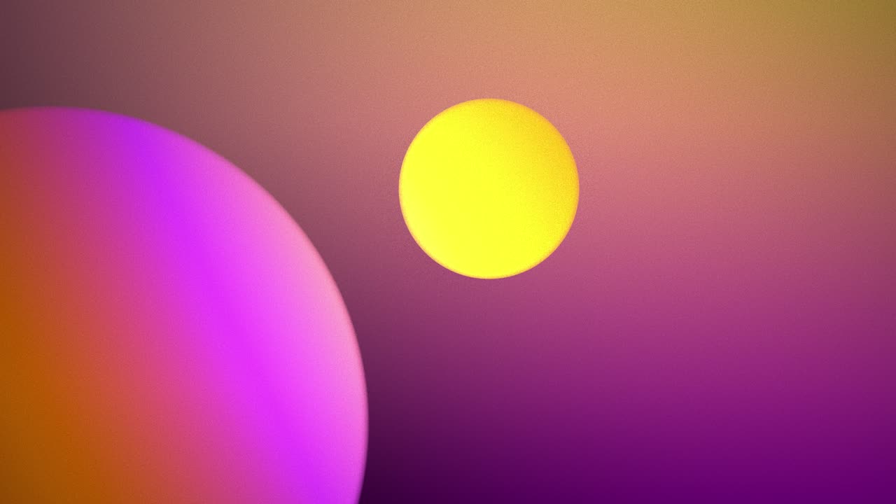 An animation loop of an orange and pink gradient sphere emitting glowing sticky particle fragments diagonally in various directions across a pink and yellow grainy backdrop