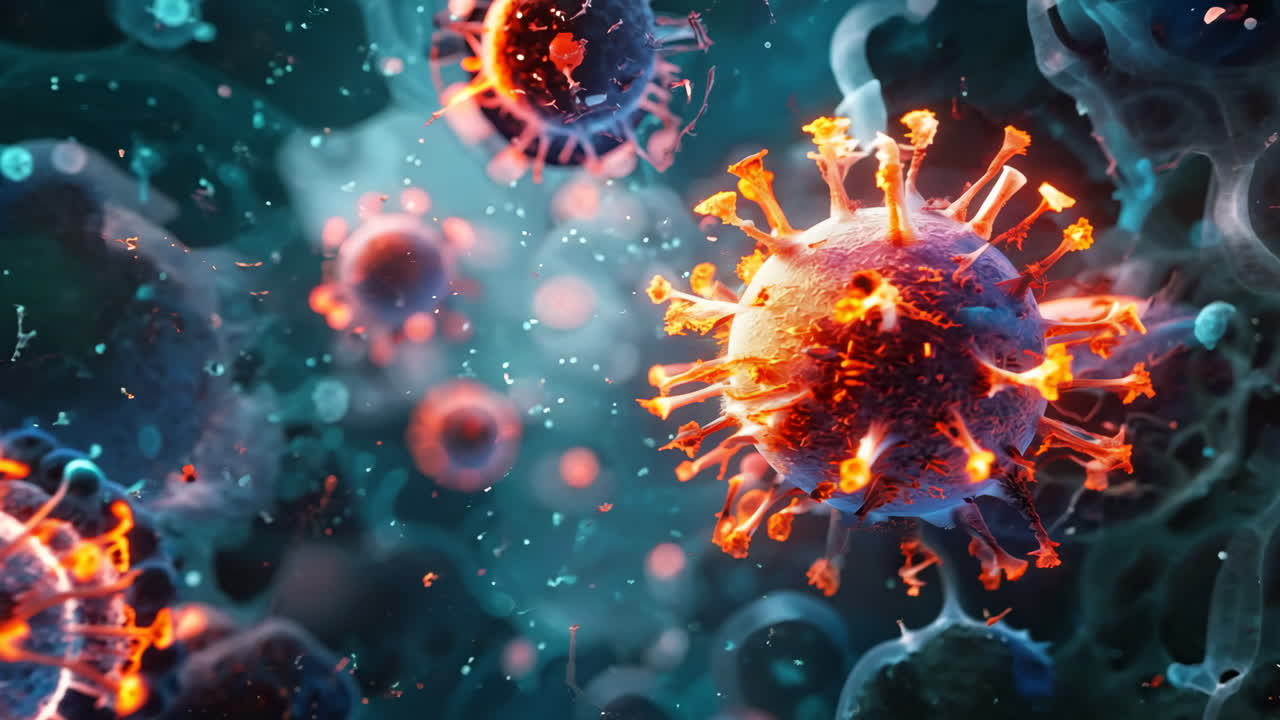 A close up of a virus with a red and orange color. The virus is surrounded by a blue background