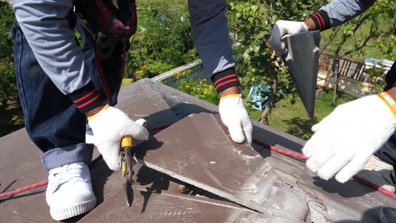 Asian Worker Doing Roof Tiles Installation, Cutting, Measuring Process, Close Up