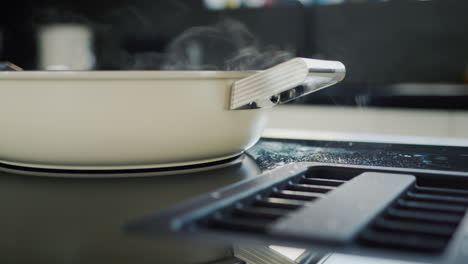 Food-is-cooked-on-a-modern-induction-electric-stove,-the-built-in-hood-sucks-in-steam