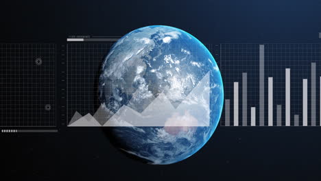 Animation-of-interface-with-statistical-data-processing-over-globe-against-blue-background