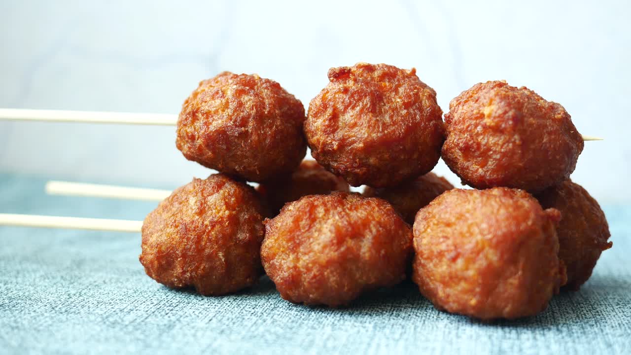 Fried Meatballs on Skewers