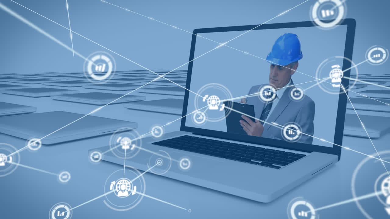 animazione della rete di connessioni su un architetto maschio caucasico sullo schermo di un laptop