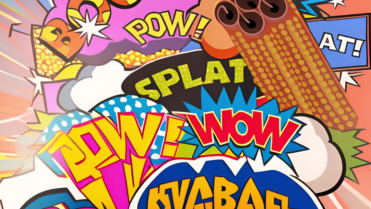 Comic book sound effects animation with words like POW!, SPLAT, and WOW!