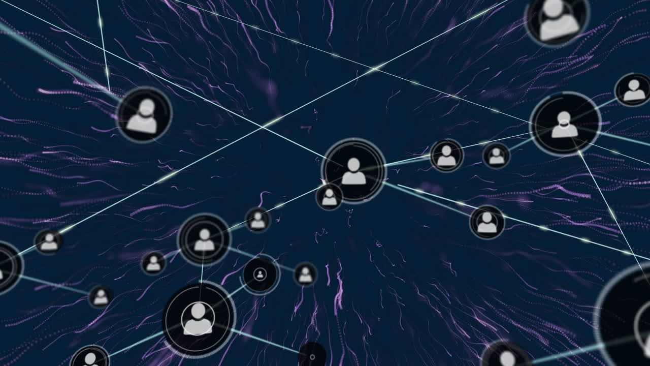Animation of network of people icons transferring data over purple firework on blue background