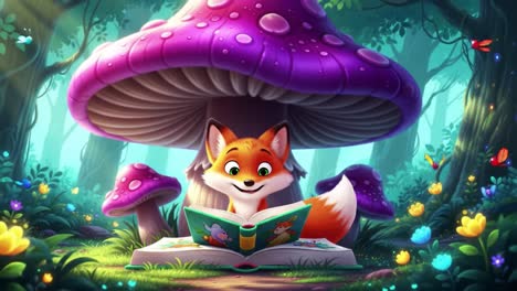 a curious fox surrounded by enchanted forest fungi immersed in a colorful storybook adventure under a mystical mushroom canopy