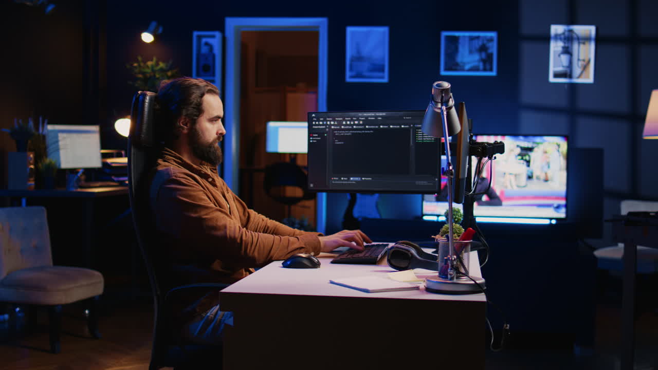 desarrollador trabajando en la corrección de errores de base de datos mientras trabaja desde casa