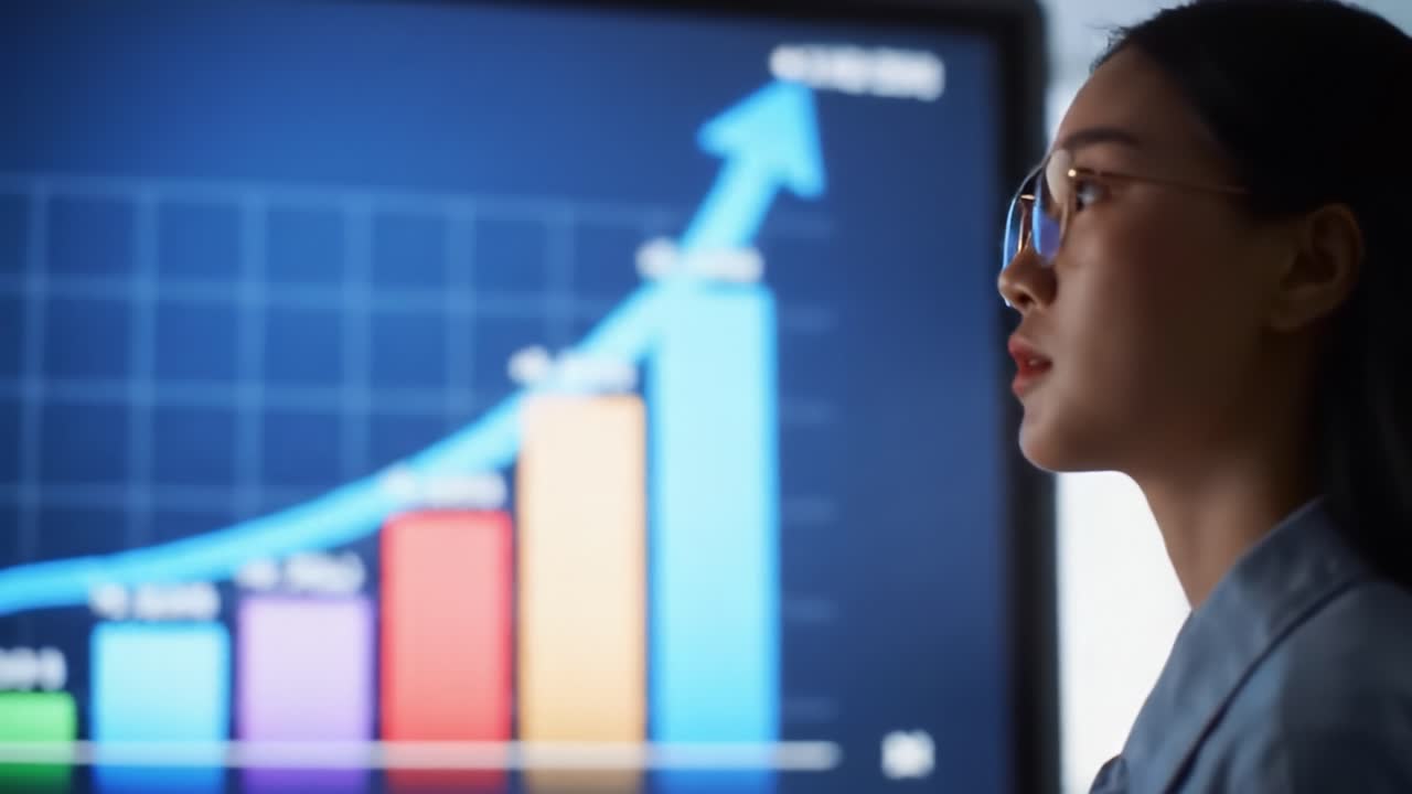 A focused woman analyzes financial data displayed on a digital screen, highlighting key metrics and trends for informed decision-making in a professional environment