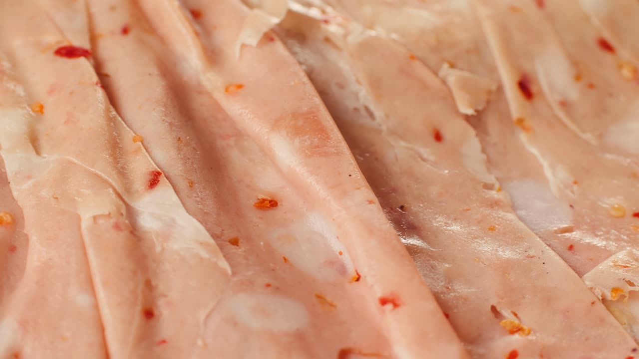 Ham italian mordatella, man Slices Of Traditional Italian antipasti mortadella sausage on a wooden cutting board, close up macro of chicken or turkey jamon, fat breakfast dish.