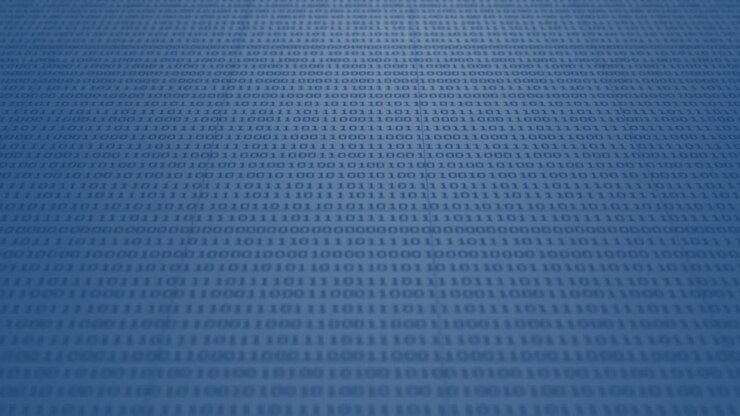 Animation of binary coding, data processing over processor circuit board