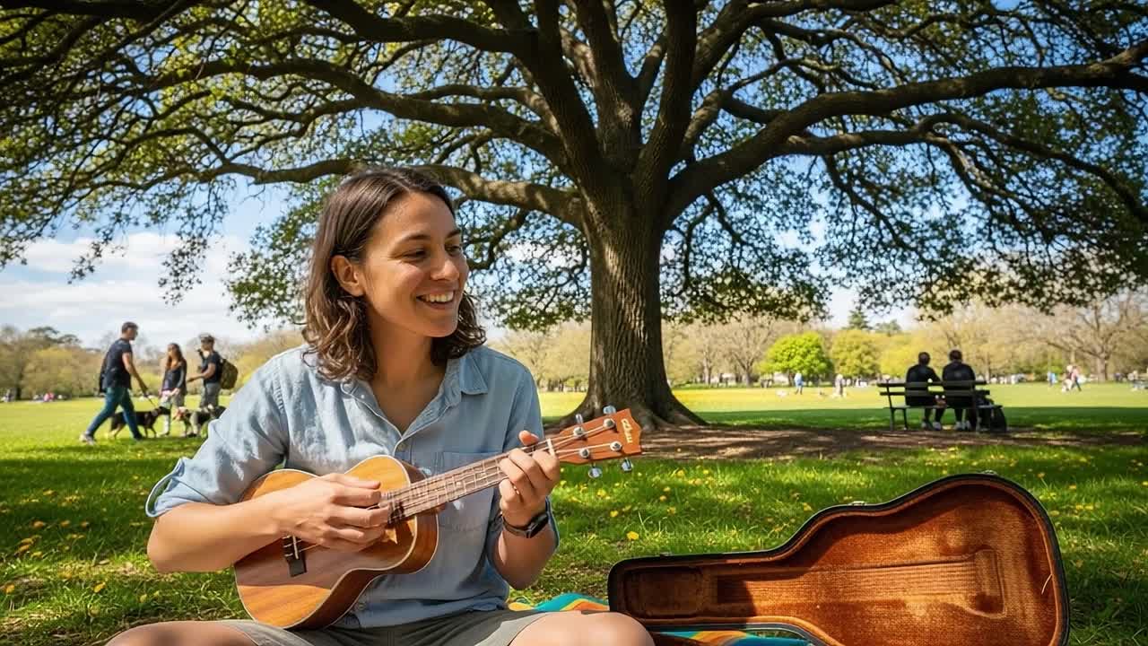 A joyous moment in the park as a young woman enjoys playing her ukulele under the shade of a magnificent tree, surrounded by nature and the sounds of leisure
