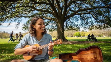 a joyous moment in the park as a young woman enjoys playing her ukulele under the shade of a magnificent tree, surrounded by nature and the sounds of leisure