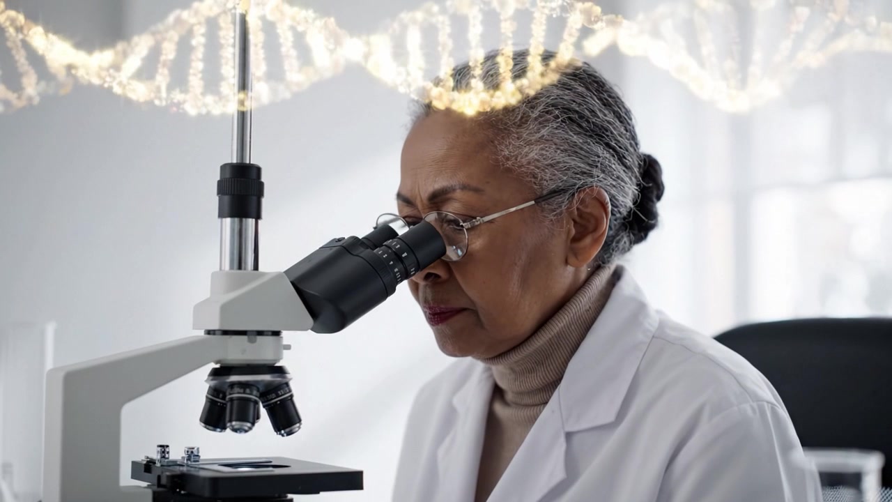 Dedicated researcher examining genetic material under a microscope, showcasing intricate details of DNA strands and the impact of scientific exploration in biotechnology.