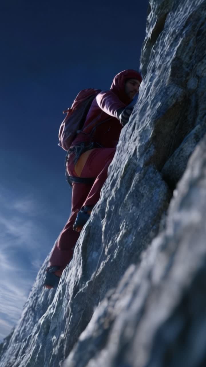Um escalador determinado ascende uma parede rochosa íngreme sob um céu dramático, destacando resiliência e aventura no desafiador mundo do montanhismo ao ar livre.