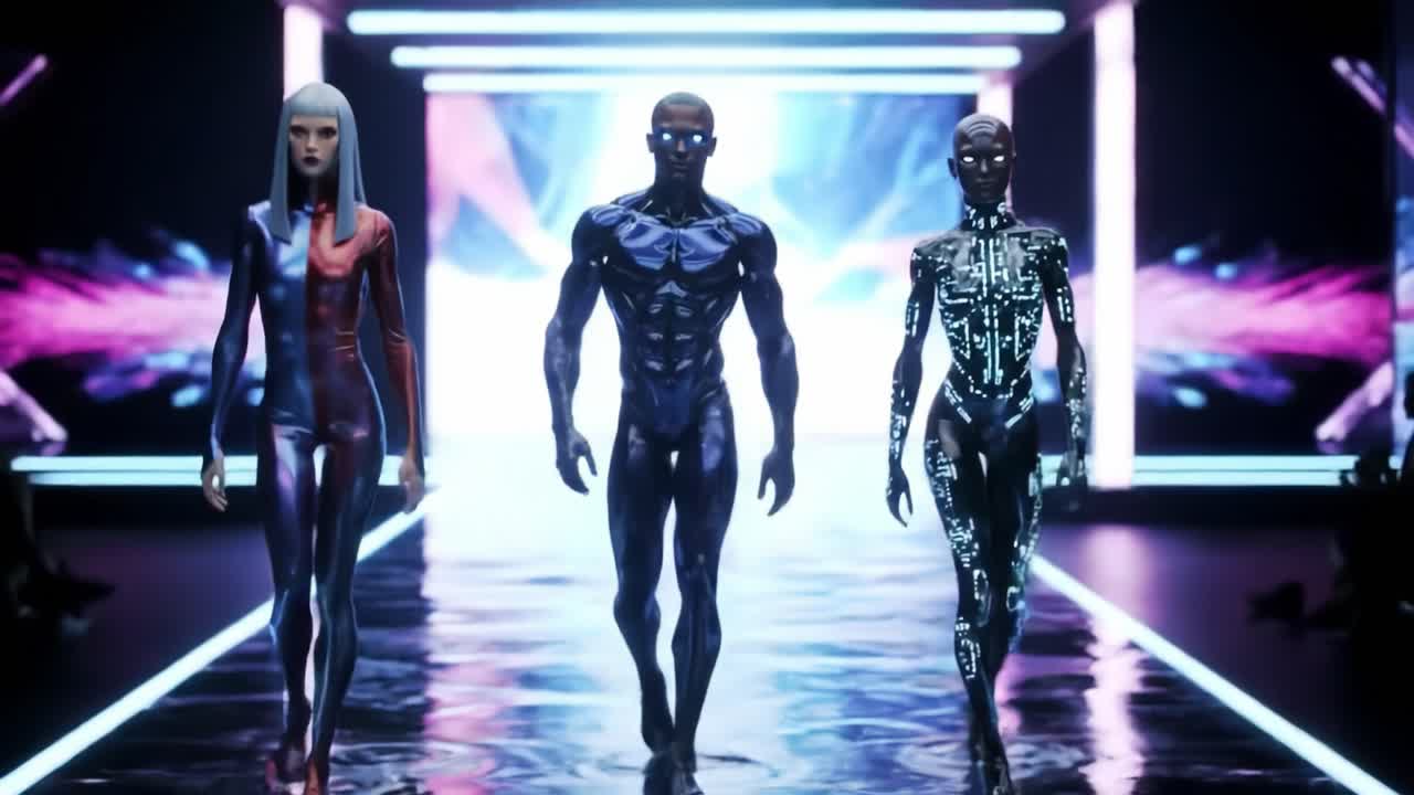 A futuristic fashion runway showcases three stunning android models, each exuding a distinctive style that merges technology with high fashion amid vibrant lighting and striking visuals