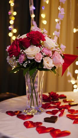 beautiful bouquet of roses in a glass vase on a table decorated with red hearts and chocolates, with string lights changing color in the background, creating a romantic atmosphere