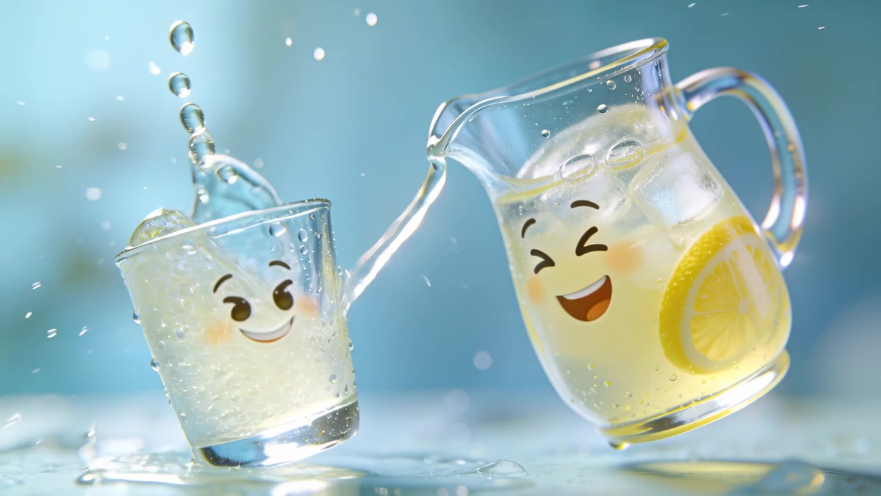 Bình đựng nước chanh nghiêng đang rót nước chanh vào ly nhỏ trên bàn ướt, hiển thị những khuôn mặt cười được vẽ