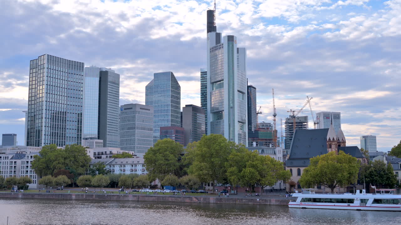 View of the skyline of Frankfurt from across river Main in the evening