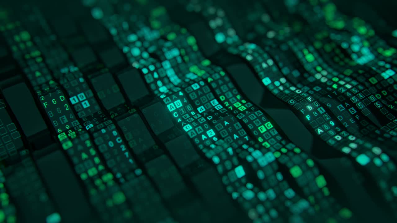 código de datos digitales hexagrama verde en pantalla flexible animación de bucle sin costuras de renderizado 3d