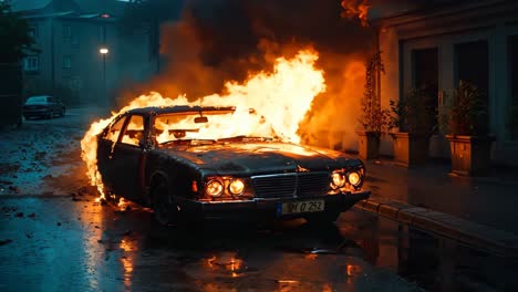 a car is engulfed by flames on the street