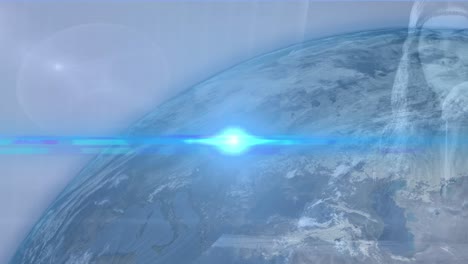Animation-Von-Blauen-Lichtflecken-über-Dem-Globus-Vor-Einer-Kaukasischen-Frau