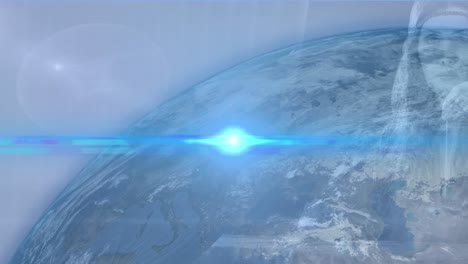 animation of blue light spots over globe against caucasian woman