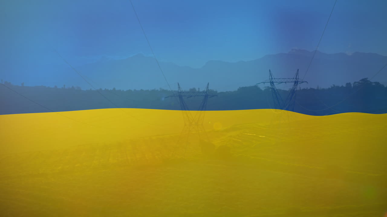 우크라이나의  ⁇ 발의 애니메이션 필드 및 전기 기둥 위에