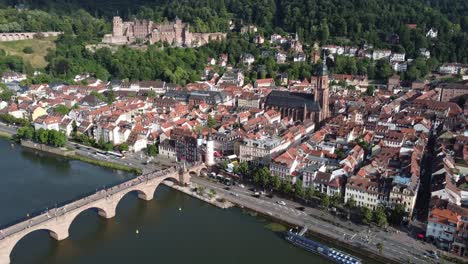 cinematic 4k drone clip passing over a bridge and neckar river in heidelberg, germany