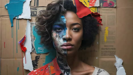 abstract split-face portrait with mixed media background