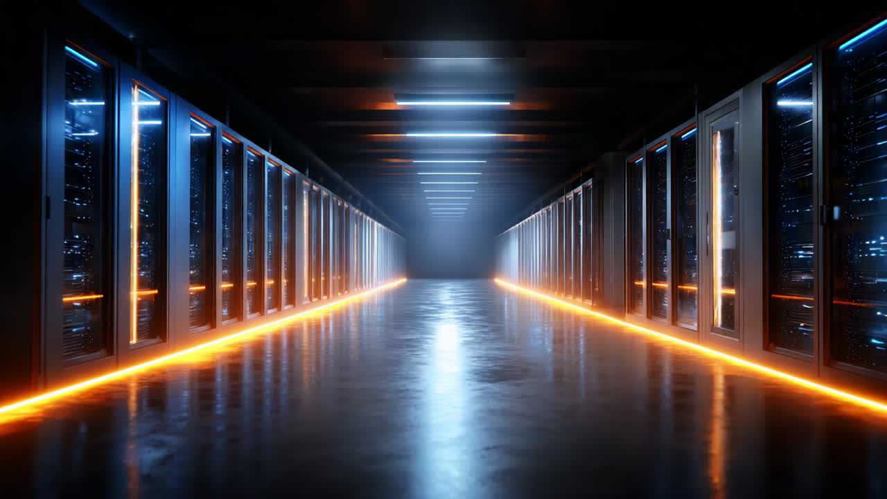 A Sleek View of a Modern Data Center with Rows of Server Racks Illuminated by Vibrant LED Lights, Showcasing a High-Tech Environment Designed for Optimizing Digital Storage and Data Processing Efficiency