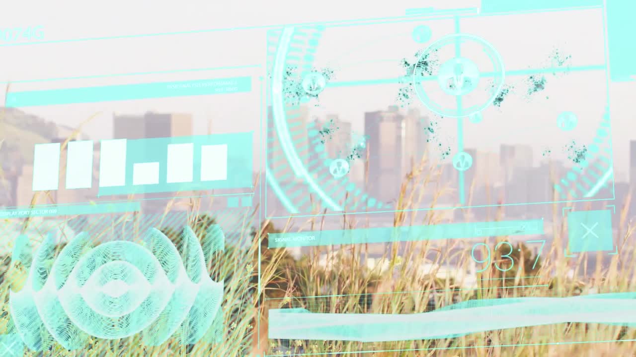 잔디와 도시 풍경에 대한 범위 스캔과 데이터 처리의 애니메이션