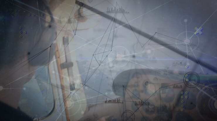 Animation of network of connections with data processing over caucasian airline pilot